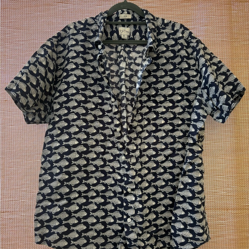 Men's Linen Navy Fish Print Shirt